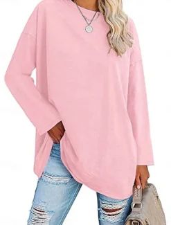 Discount Women's Blouse Solid Color Stylish Casual Long Sleeve Crew Neck Regular Tops Daily Black White Yellow Pink Spring Fall Prefall Women T-Shirts