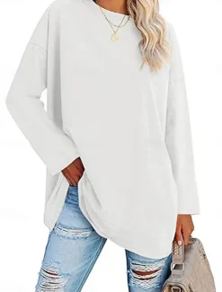 Discount Women's Blouse Solid Color Stylish Casual Long Sleeve Crew Neck Regular Tops Daily Black White Yellow Pink Spring Fall Prefall Women T-Shirts