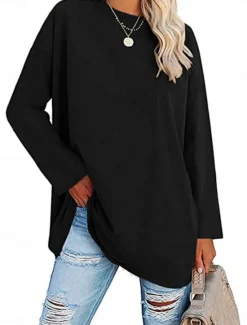 Discount Women's Blouse Solid Color Stylish Casual Long Sleeve Crew Neck Regular Tops Daily Black White Yellow Pink Spring Fall Prefall Women T-Shirts