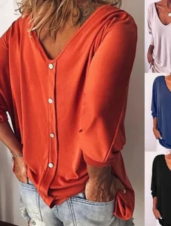 Sale Women's Blouse Solid Color Stylish Casual Long Sleeve V Neck Regular Tops Daily Black White Wine Blue Orange Summer Spring Women T-Shirts