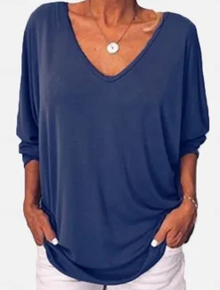 Sale Women's Blouse Solid Color Stylish Casual Long Sleeve V Neck Regular Tops Daily Black White Wine Blue Orange Summer Spring Women T-Shirts