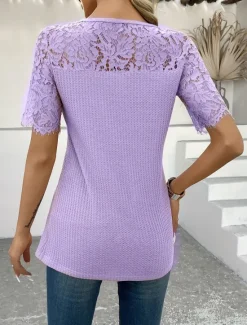 Women's Blouse Solid Color Elegant Stylish Casual Short Sleeve V Neck Regular Tops Daily Holiday Lace Buttons Purple Green Khaki Summer Women Lace Tops