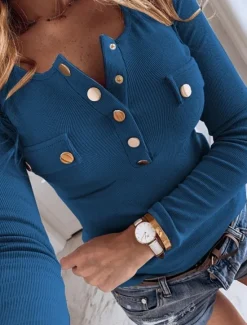 Clearance Women's Blouse Solid Color Stylish Casual Long Sleeve Crew Neck Regular Tops Daily Pocket Buttons Black Pink Blue Khaki Spring Fall Winter Women Tank Tops & Camis