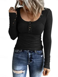 New Women's Blouse Solid Color Stylish Casual Long Sleeve Scoop Neck Regular Tops Daily Buttons Black Pink Apricot Gray Spring Fall Winter Women Blouses & Shirts