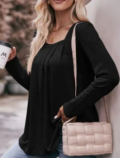 New Women's Blouse Solid Color Floral Plain Stylish Casual Long Sleeve Square Neck Regular Tops Daily Ruched Black Pink Blue Light Blue Summer Spring Fall Women Blouses & Shirts