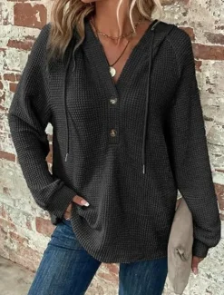 Best Women's Blouse Solid Color Stylish Casual Long Sleeve Hooded Regular Tops Daily Buttons Black Army Green Navy Blue Blue Brown Spring Fall Winter Women Hoodies & Sweatshirts