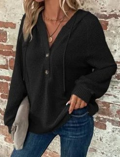 Best Women's Blouse Solid Color Stylish Casual Long Sleeve Hooded Regular Tops Daily Buttons Black Army Green Navy Blue Blue Brown Spring Fall Winter Women Hoodies & Sweatshirts
