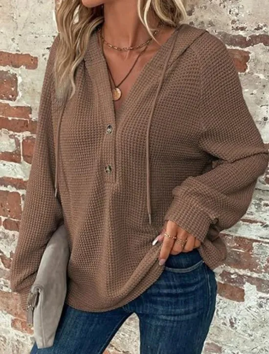 Best Women's Blouse Solid Color Stylish Casual Long Sleeve Hooded Regular Tops Daily Buttons Black Army Green Navy Blue Blue Brown Spring Fall Winter Women Hoodies & Sweatshirts