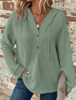 Best Women's Blouse Solid Color Stylish Casual Long Sleeve Hooded Regular Tops Daily Buttons Black Army Green Navy Blue Blue Brown Spring Fall Winter Women Hoodies & Sweatshirts