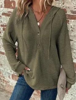 Best Women's Blouse Solid Color Stylish Casual Long Sleeve Hooded Regular Tops Daily Buttons Black Army Green Navy Blue Blue Brown Spring Fall Winter Women Hoodies & Sweatshirts