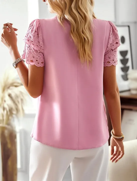 Clearance Women's Blouse Solid Color Stylish Casual Short Sleeve Crew Neck Regular Tops Daily Eyelet Summer Spring Women Lace Tops