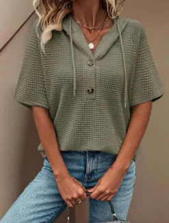 Hot Women's Blouse Solid Color Stylish Casual Short Sleeve Hooded Regular Tops Daily Buttons White Navy Blue Green Khaki Summer Spring Women Blouses & Shirts