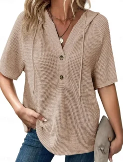 Hot Women's Blouse Solid Color Stylish Casual Short Sleeve Hooded Regular Tops Daily Buttons White Navy Blue Green Khaki Summer Spring Women Blouses & Shirts