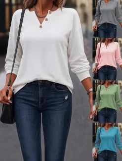 New Women's Blouse Solid Color Elegant Daily Casual Long Sleeve V Neck Regular Tops Work Daily Holiday Buttons White Pink Green Peacock Blue Grey Spring Fall Winter Women Hoodies & Sweatshirts