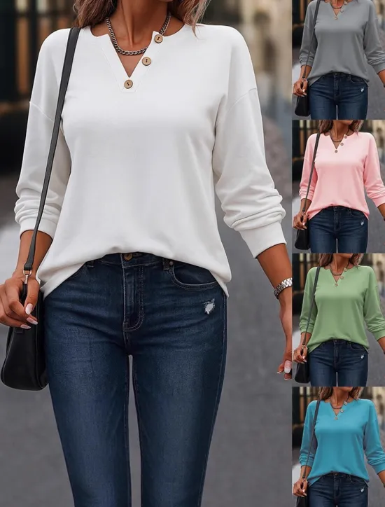 New Women's Blouse Solid Color Elegant Daily Casual Long Sleeve V Neck Regular Tops Work Daily Holiday Buttons White Pink Green Peacock Blue Grey Spring Fall Winter Women Hoodies & Sweatshirts