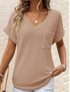 Sale Women's Blouse Solid Color Stylish Casual Short Sleeve V Neck Regular Tops Daily Pocket Black White Pink Green Summer Women T-Shirts