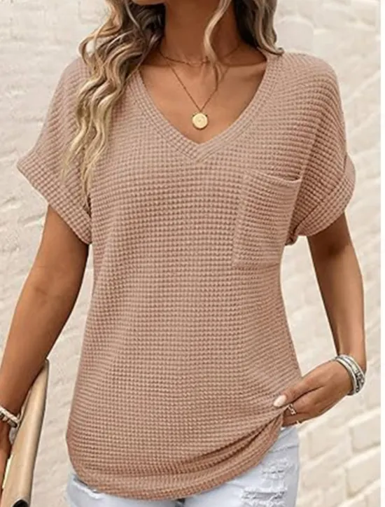 Sale Women's Blouse Solid Color Stylish Casual Short Sleeve V Neck Regular Tops Daily Pocket Black White Pink Green Summer Women T-Shirts