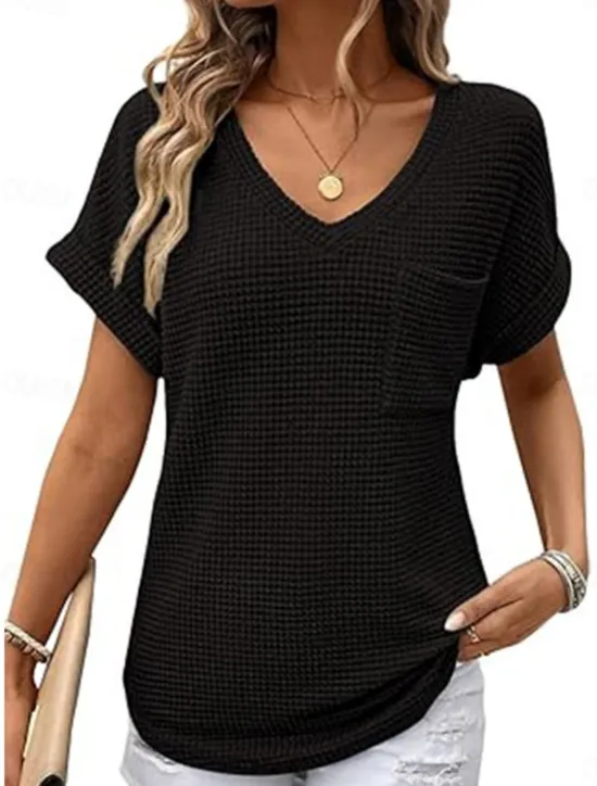 Sale Women's Blouse Solid Color Stylish Casual Short Sleeve V Neck Regular Tops Daily Pocket Black White Pink Green Summer Women T-Shirts