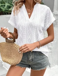Clearance Women's Blouse Solid Color Elegant Casual Short Sleeve V Neck Regular Tops Daily Holiday White Pink Blue Green Summer Women Blouses & Shirts