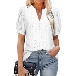 New Women's Blouse Solid Color Elegant Daily Stylish Short Sleeve V Neck Regular Tops Daily Holiday Going out Patchwork White Pink Green Summer Spring Women Lace Tops