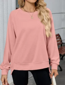New Women's Blouse Solid Color Stylish Casual Long Sleeve Crew Neck Regular Tops Daily Pink Blue Khaki Gray Summer Spring Women Hoodies & Sweatshirts