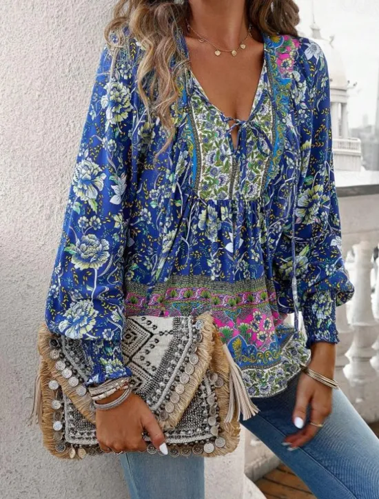 Online Women's Blouse Stylish Boho Floral Tie Front Lantern Sleeve Long Sleeve Tie Neck Daily Pink Navy Blue Orange Green Summer Women Boho Tops