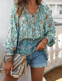 Online Women's Blouse Stylish Boho Floral Tie Front Lantern Sleeve Long Sleeve Tie Neck Daily Pink Navy Blue Orange Green Summer Women Boho Tops