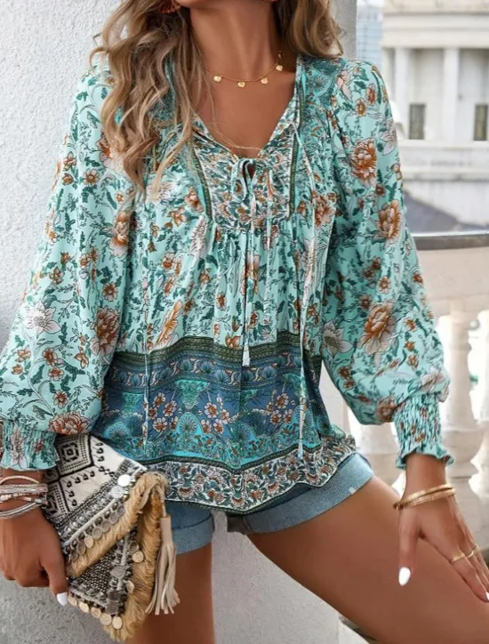 Online Women's Blouse Stylish Boho Floral Tie Front Lantern Sleeve Long Sleeve Tie Neck Daily Pink Navy Blue Orange Green Summer Women Boho Tops