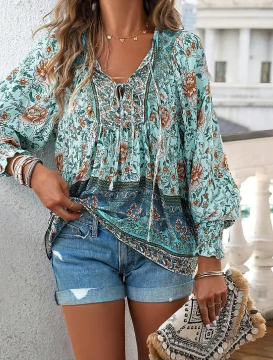 Online Women's Blouse Stylish Boho Floral Tie Front Lantern Sleeve Long Sleeve Tie Neck Daily Pink Navy Blue Orange Green Summer Women Boho Tops