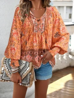 Online Women's Blouse Stylish Boho Floral Tie Front Lantern Sleeve Long Sleeve Tie Neck Daily Pink Navy Blue Orange Green Summer Women Boho Tops