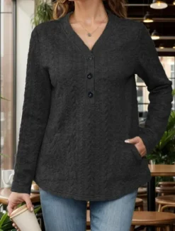 Outlet Women's Blouse Stylish Modern Long Sleeve Regular Tops V Neck Work Daily Black Light Grey Spring Fall Women Hoodies & Sweatshirts