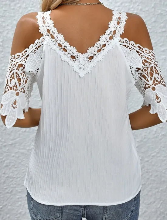 Best Women's Blouse Stylish Modern Solid Color Lace Short Sleeve Daily Sky Blue Summer Women Lace Tops