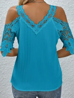 Best Women's Blouse Stylish Modern Solid Color Lace Short Sleeve Daily Sky Blue Summer Women Lace Tops