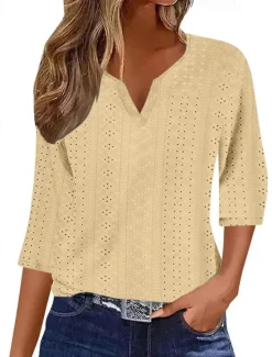 Discount Women's Blouse Stylish Modern Hollow Out 3/4 Length Sleeve Regular Tops V Neck Work Daily Yellow Blue Purple Green Spring Fall Women T-Shirts