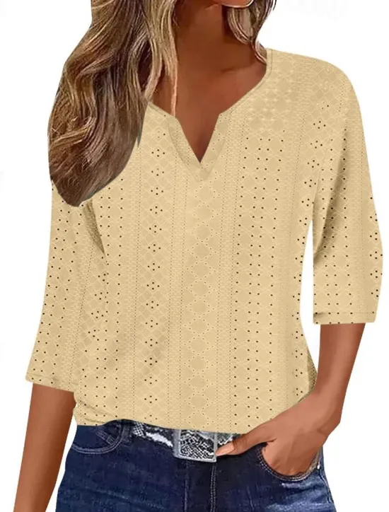 Discount Women's Blouse Stylish Modern Hollow Out 3/4 Length Sleeve Regular Tops V Neck Work Daily Yellow Blue Purple Green Spring Fall Women T-Shirts