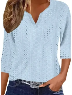 Discount Women's Blouse Stylish Modern Hollow Out 3/4 Length Sleeve Regular Tops V Neck Work Daily Yellow Blue Purple Green Spring Fall Women T-Shirts