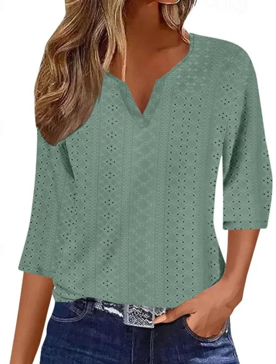 Discount Women's Blouse Stylish Modern Hollow Out 3/4 Length Sleeve Regular Tops V Neck Work Daily Yellow Blue Purple Green Spring Fall Women T-Shirts