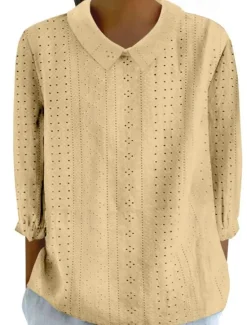 Outlet Women's Blouse Stylish Modern Hollow Out 3/4 Length Sleeve Regular Tops Shirt Collar Work Daily Yellow Blue Sky Blue Green Spring Fall Women Lace Tops