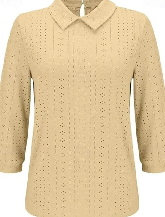 Outlet Women's Blouse Stylish Modern Hollow Out 3/4 Length Sleeve Regular Tops Shirt Collar Work Daily Yellow Blue Sky Blue Green Spring Fall Women Lace Tops