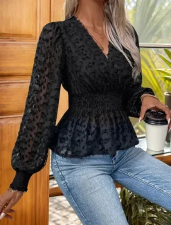 Discount Women's Blouse Stylish Modern Long Sleeve Regular Tops V Neck Work Daily Spring Fall Women Blouses & Shirts