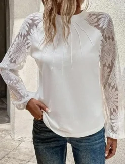Women's Blouse Stylish Modern Long Sleeve Regular Tops Crew Neck Work Daily Spring Fall Women Lace Tops