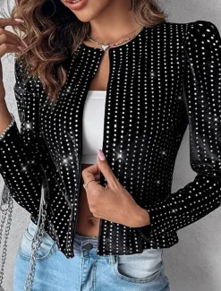 Sale Women's Blouse Stylish Modern Sequins Long Sleeve Regular Tops Crew Neck Work Daily Spring Fall Winter Women Jackets