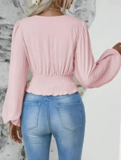 Best Women's Blouse Stylish Modern Solid Color Ruched Bell Sleeve Long Sleeve V Neck Work Daily Black White Pink Green Spring Fall Winter Women Blouses & Shirts