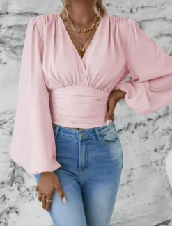 Best Women's Blouse Stylish Modern Solid Color Ruched Bell Sleeve Long Sleeve V Neck Work Daily Black White Pink Green Spring Fall Winter Women Blouses & Shirts