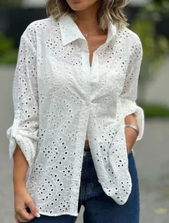 Best Women's Blouse Stylish Solid Color Hollow Out Long Sleeve Regular Tops Shirt Collar Daily White Red Purple Green Spring Fall Women Lace Tops
