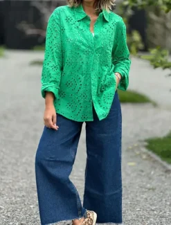 Best Women's Blouse Stylish Solid Color Hollow Out Long Sleeve Regular Tops Shirt Collar Daily White Red Purple Green Spring Fall Women Lace Tops