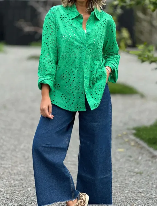Best Women's Blouse Stylish Solid Color Hollow Out Long Sleeve Regular Tops Shirt Collar Daily White Red Purple Green Spring Fall Women Lace Tops