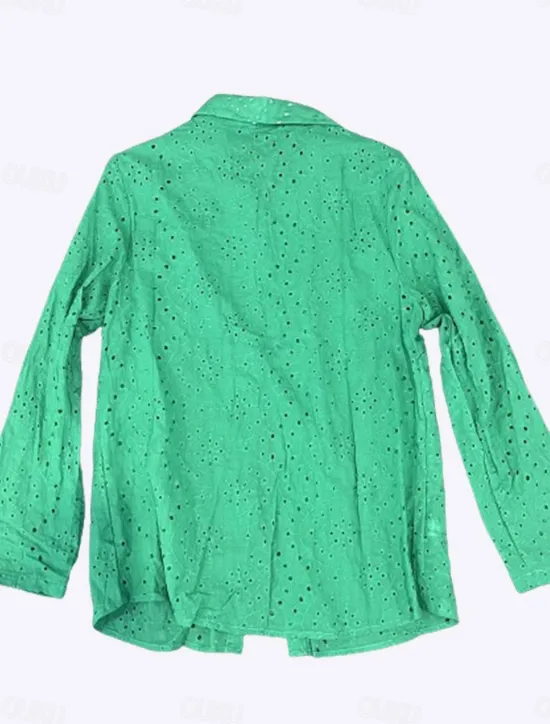 Best Women's Blouse Stylish Solid Color Hollow Out Long Sleeve Regular Tops Shirt Collar Daily White Red Purple Green Spring Fall Women Lace Tops