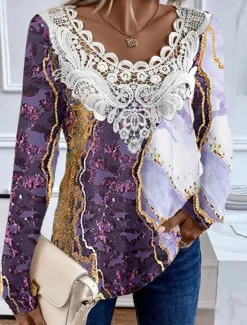 Outlet Women's Blouse Tunic Lace Splicing V Neck Long Sleeve Floral Lace Patchwork Print Regular Tops Round Neck Casual Purple Green Khaki Spring & Fall Prefall Women Spring Tops|Tunic Tops