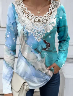 Clearance Women's Blouse Tunic Lace Splicing V Neck Long Sleeve Butterfly Abstract Lace Patchwork Print Regular Tops Round Neck Casual Black White Blue Khaki Gray Spring & Fall Prefall Women Tunic Tops